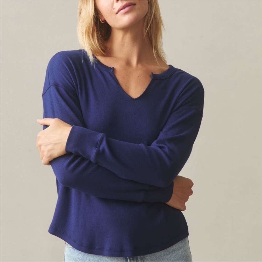 American Giant Luxe Rib Womens small Blue Cotton V-Notch Long Sleeve Pullover